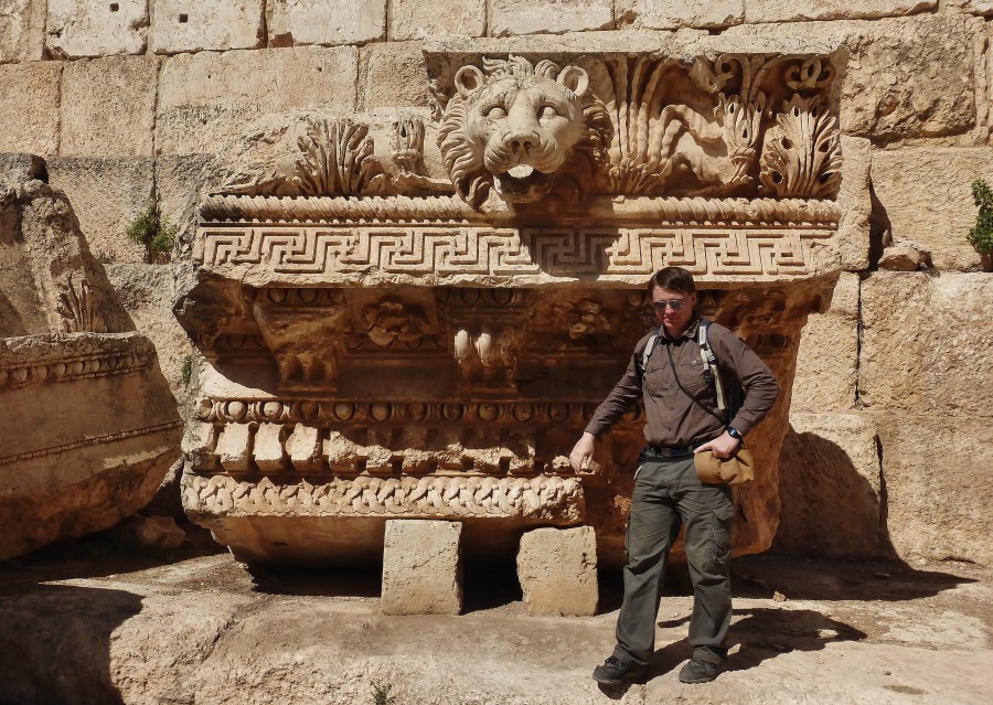 Roman ruins in Baalbek, with the famous lion head. Lebanon.