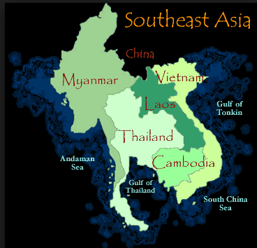 Southeast Asia: Myanmar (Burma), Thailand, Laos. Cambodia and Vietnam.