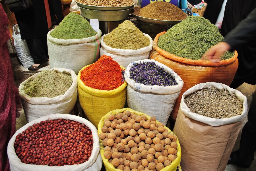 Persian spice stall in Kerman, Iran.