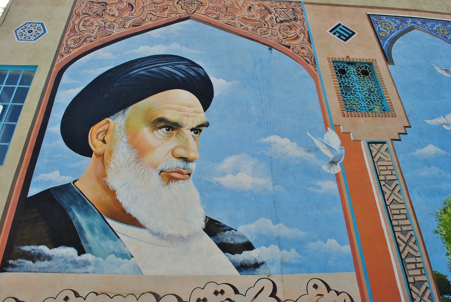 Founder of the Islamic Republic of Iran Ayatollah Khomeini. In Iran, there are many posters and frescoes on the walls commemorating this leader.