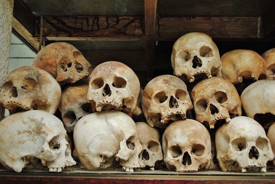 The skulls of murdered Cambodians in the Killing Fields (Choeung Ek).