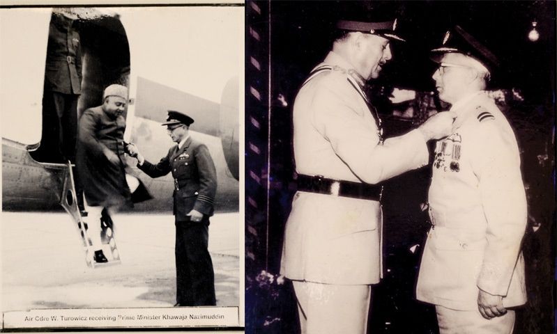On the left: Władysław Turowicz receives Prime Minister Khawai Nazimuddin of Eastern Pakistani at the airport. (In 1971 East Pakistan became Bangladesh). On the right: in 1966 Władysław Turowicz was awarded by President Ayub Khan for his service to the Pakistani Air Force.